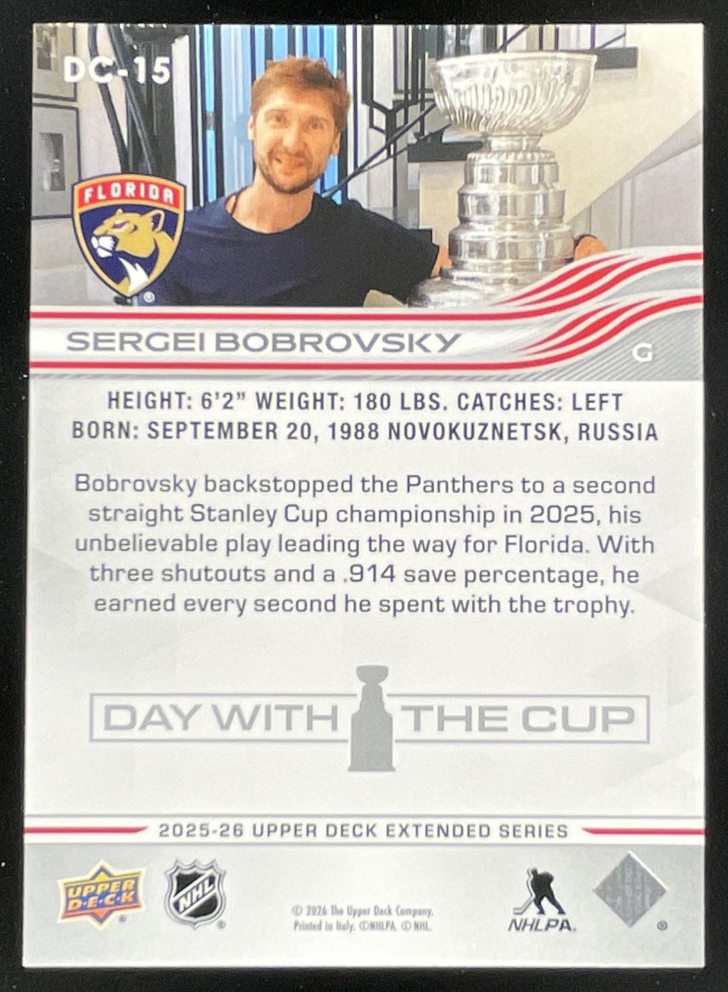 2025-26 Upper Deck Extended Series Day With The Cup #DC-15 Sergei Bobrovsky SSP product image 2, provided for visual