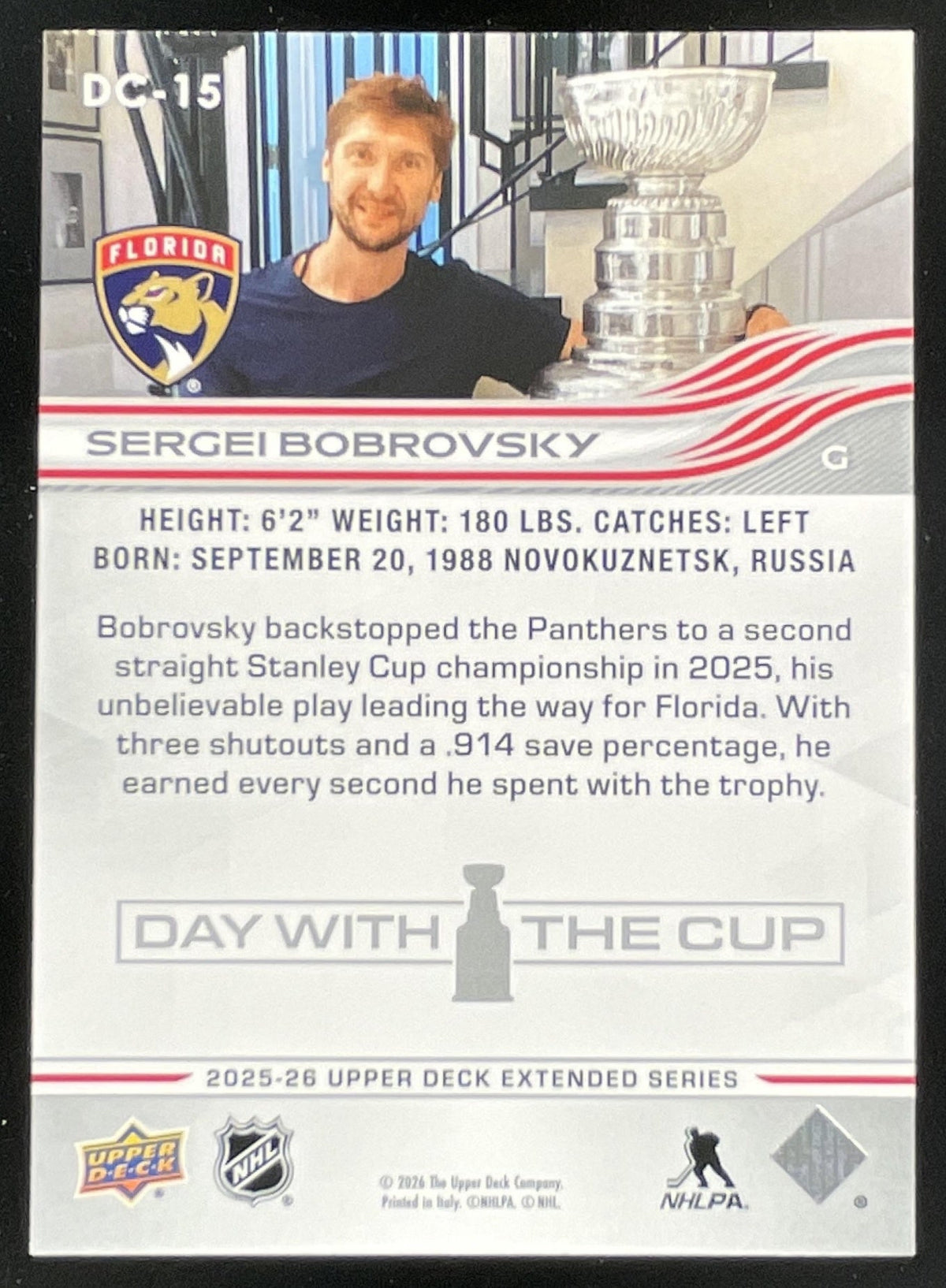 2025-26 Upper Deck Extended Series Day With The Cup #DC-15 Sergei Bobrovsky SSP product image 2, provided for visual