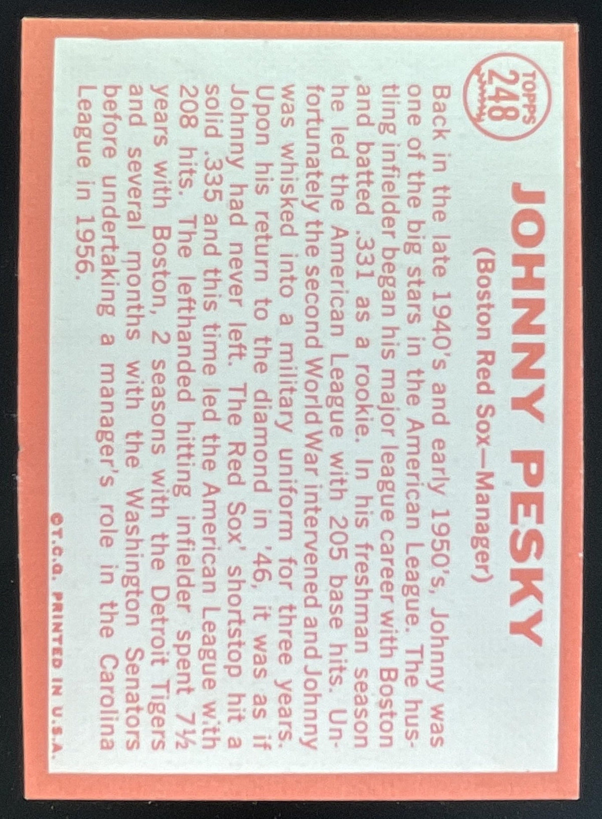 1964 Topps #248 Johnny Pesky product image 2, provided for visual reference and product detail review