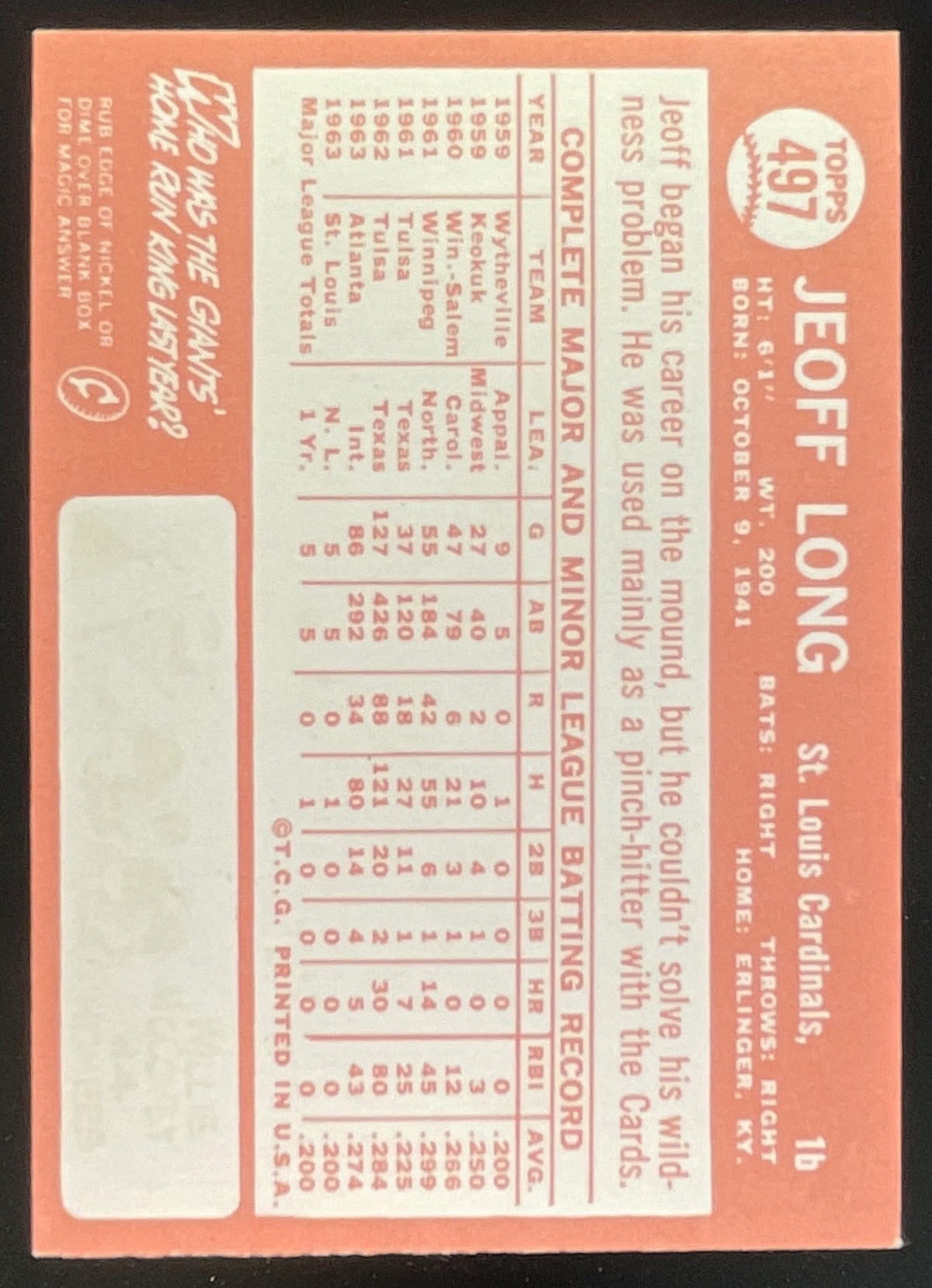 1964 Topps #497 Jeoff Long RC product image 2, provided for visual reference and product detail review