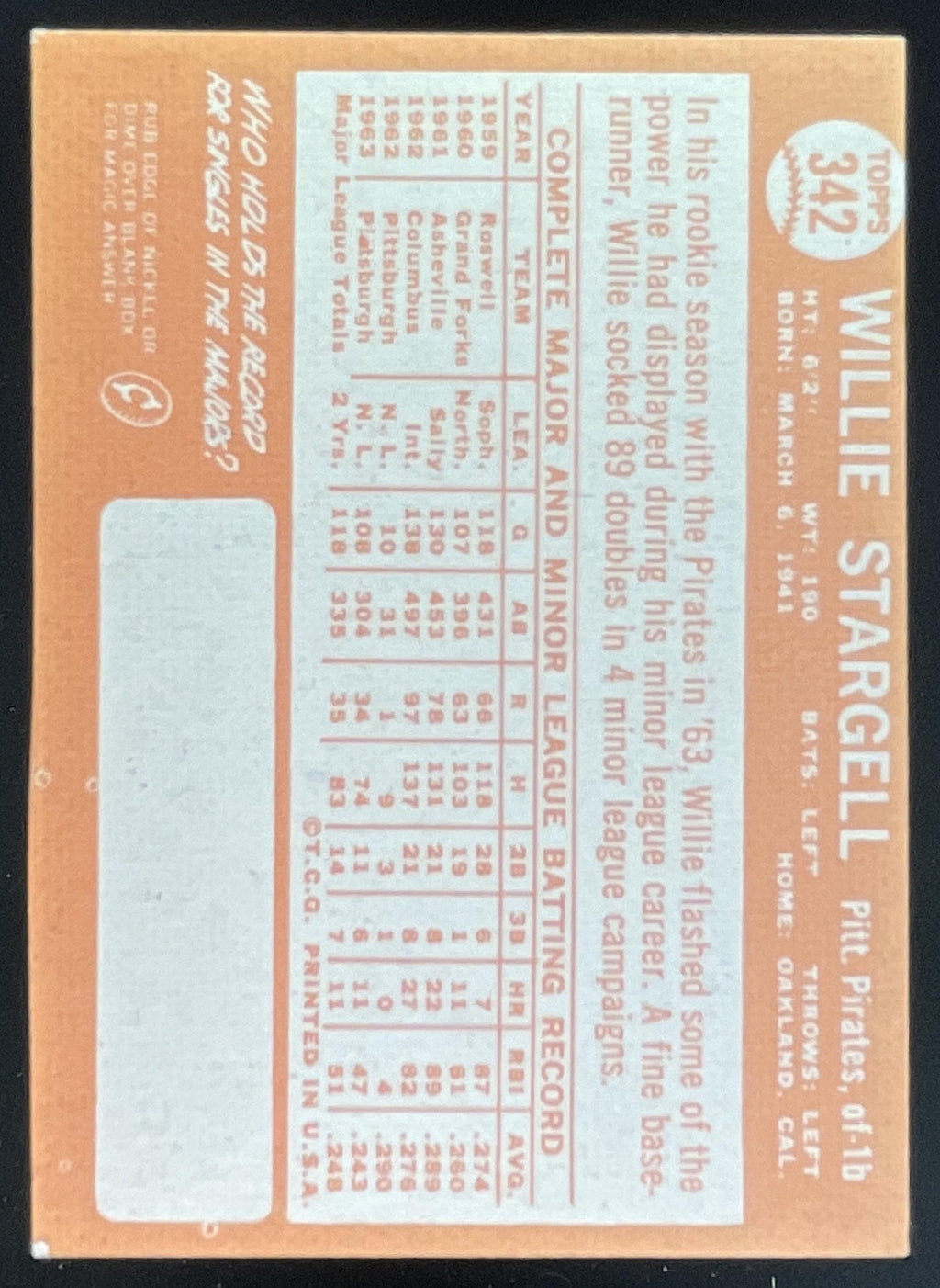 1964 Topps #342 Willie Stargell product image 2, provided for visual reference and product detail review