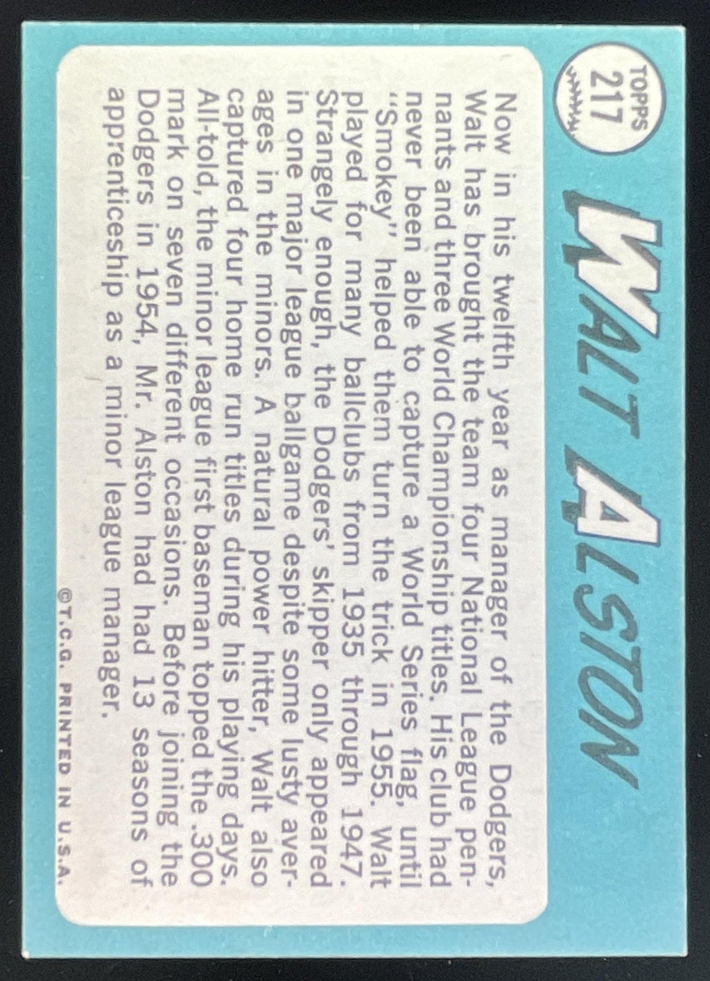 1965 Topps #217 Walt Alston product image 2, provided for visual reference and product detail review