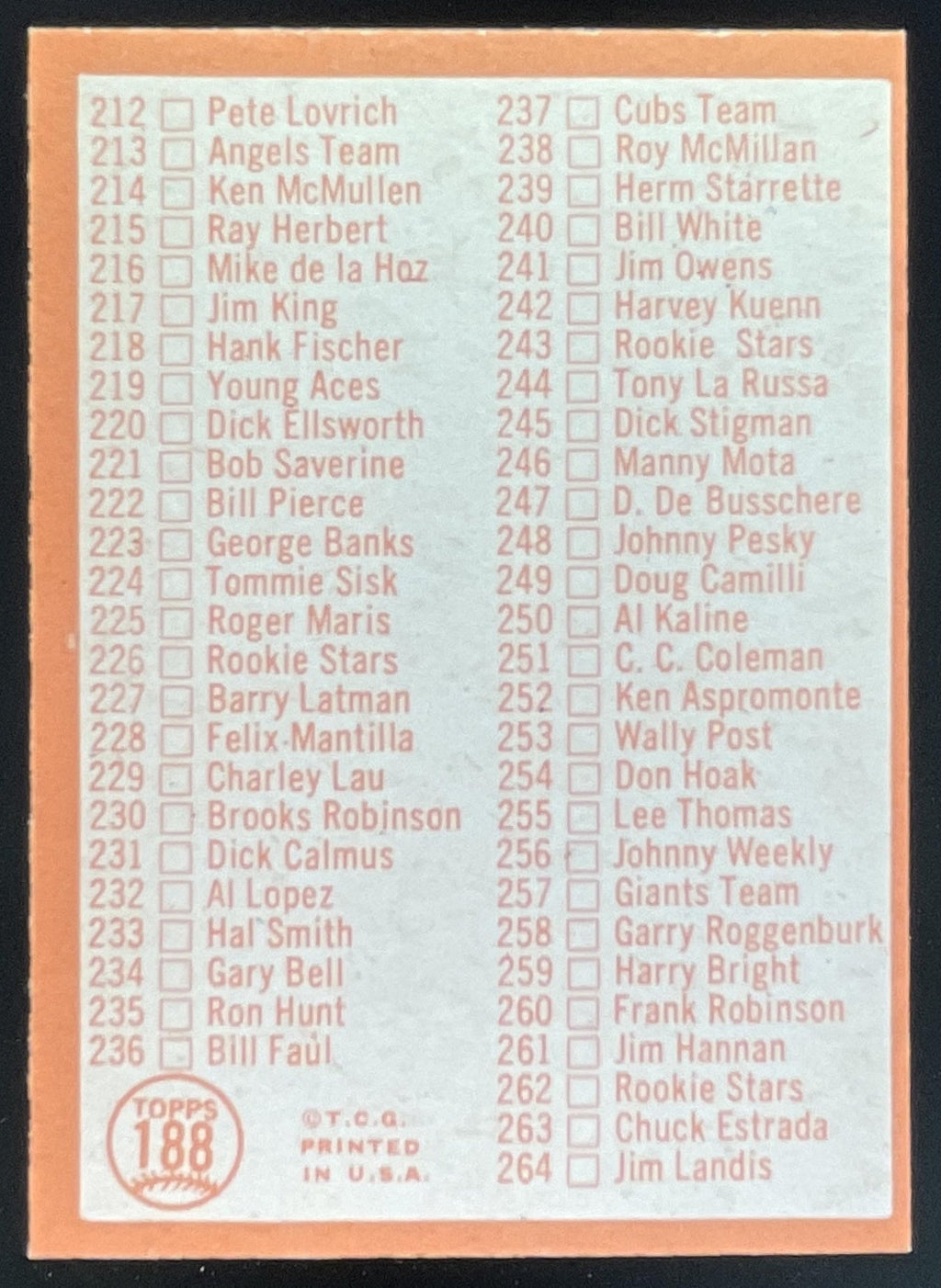 1964 Topps #188 3rd Series Checklist: 177-264 product image 2, provided for visual reference and product detail review