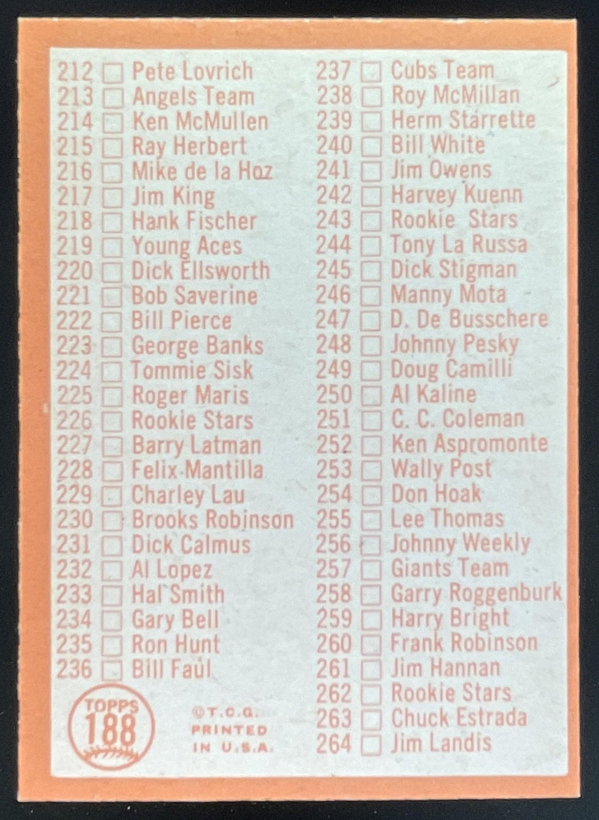 1964 Topps #188 3rd Series Checklist: 177-264 product image 2, provided for visual reference and product detail review