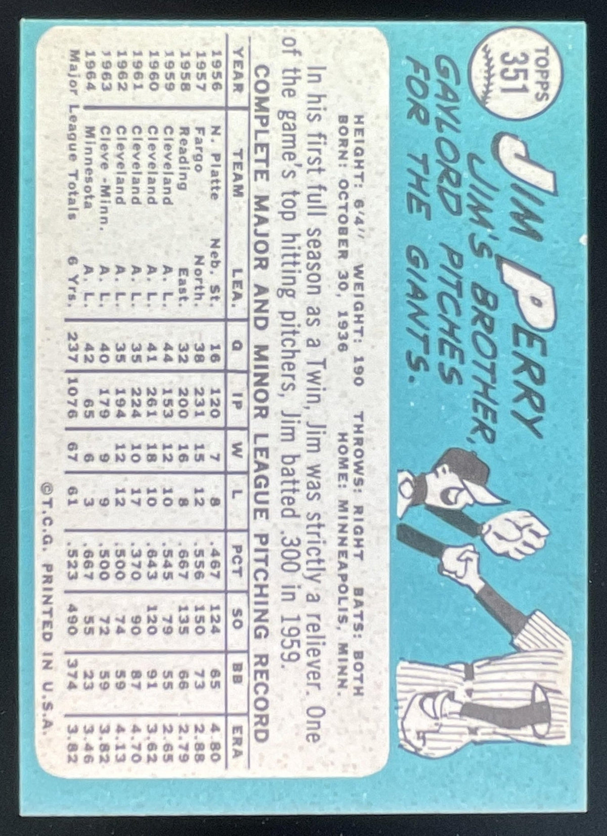 1965 Topps #351 Jim Perry product image 2, provided for visual reference and product detail review