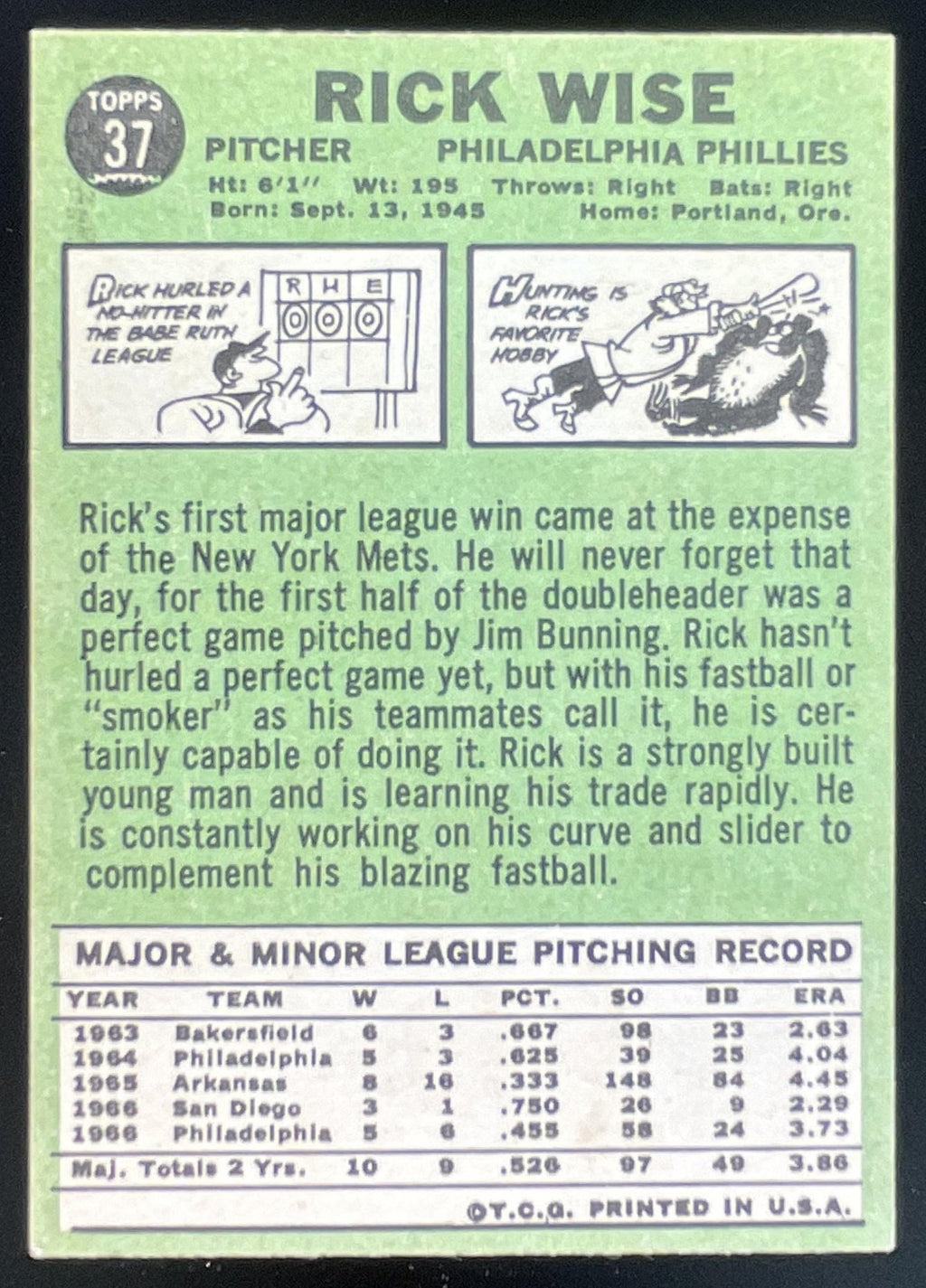 1967 Topps #37 Rick Wise product image 2, provided for visual reference and product detail review