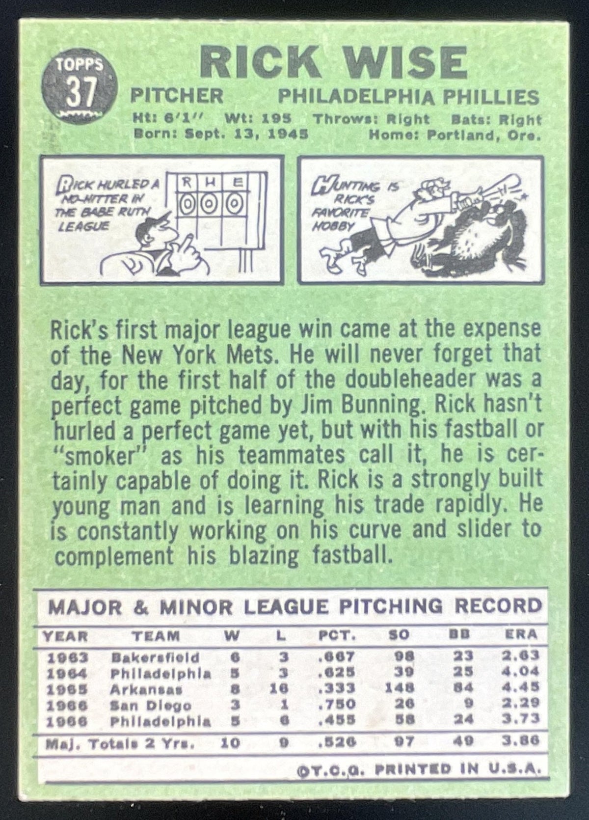 1967 Topps #37 Rick Wise product image 2, provided for visual reference and product detail review