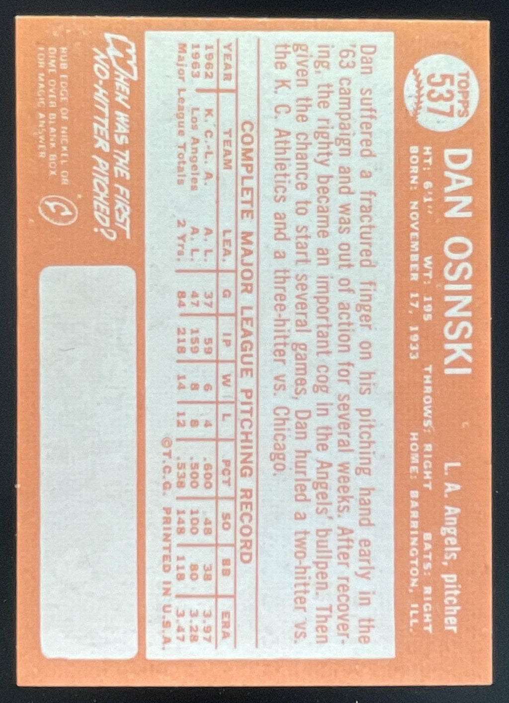 1964 Topps #537 Dan Osinski product image 2, provided for visual reference and product detail review