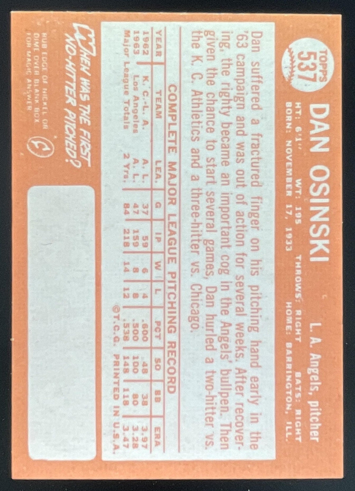 1964 Topps #537 Dan Osinski product image 2, provided for visual reference and product detail review