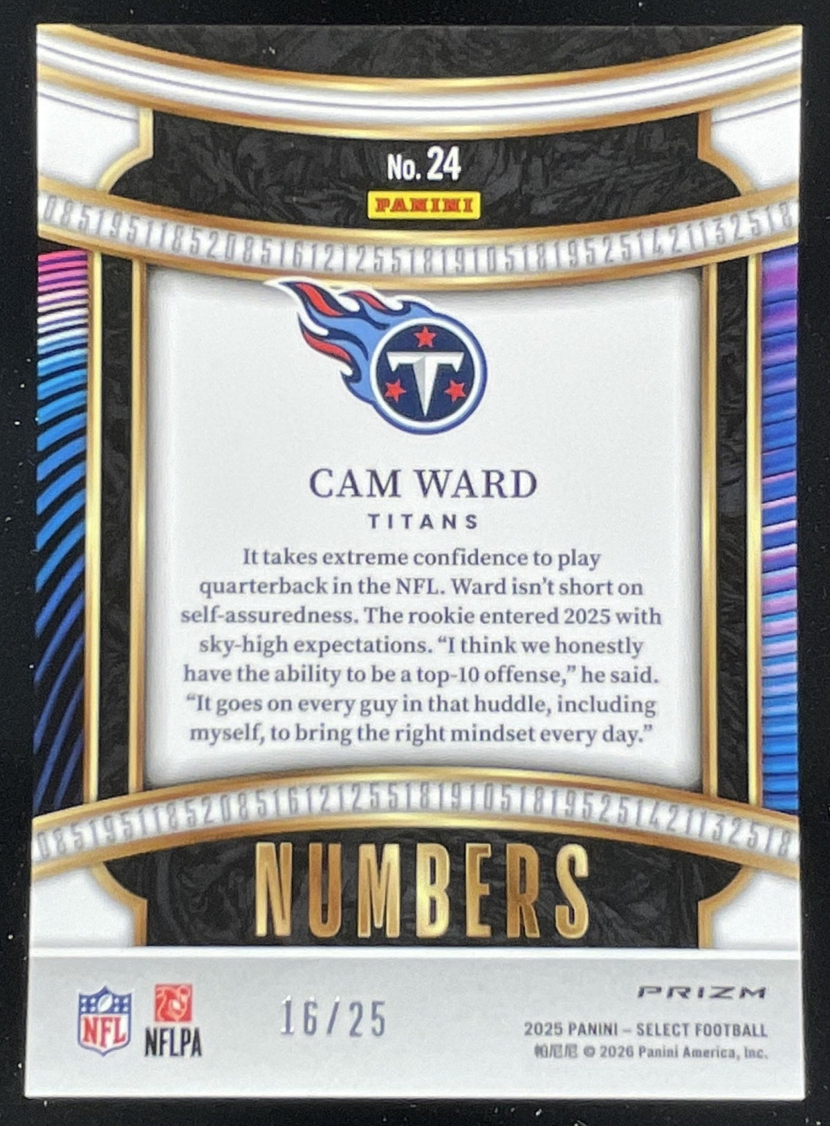 2025 Panini Select Numbers Tie-Dye Prizm #24 Cam Ward /25 product image 2, provided for visual reference and product detail