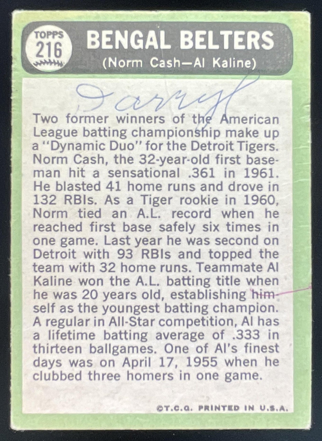 1967 Topps #216 Bengal Belters Norm Cash Al Kaline C product image 2, provided for visual reference and product detail review