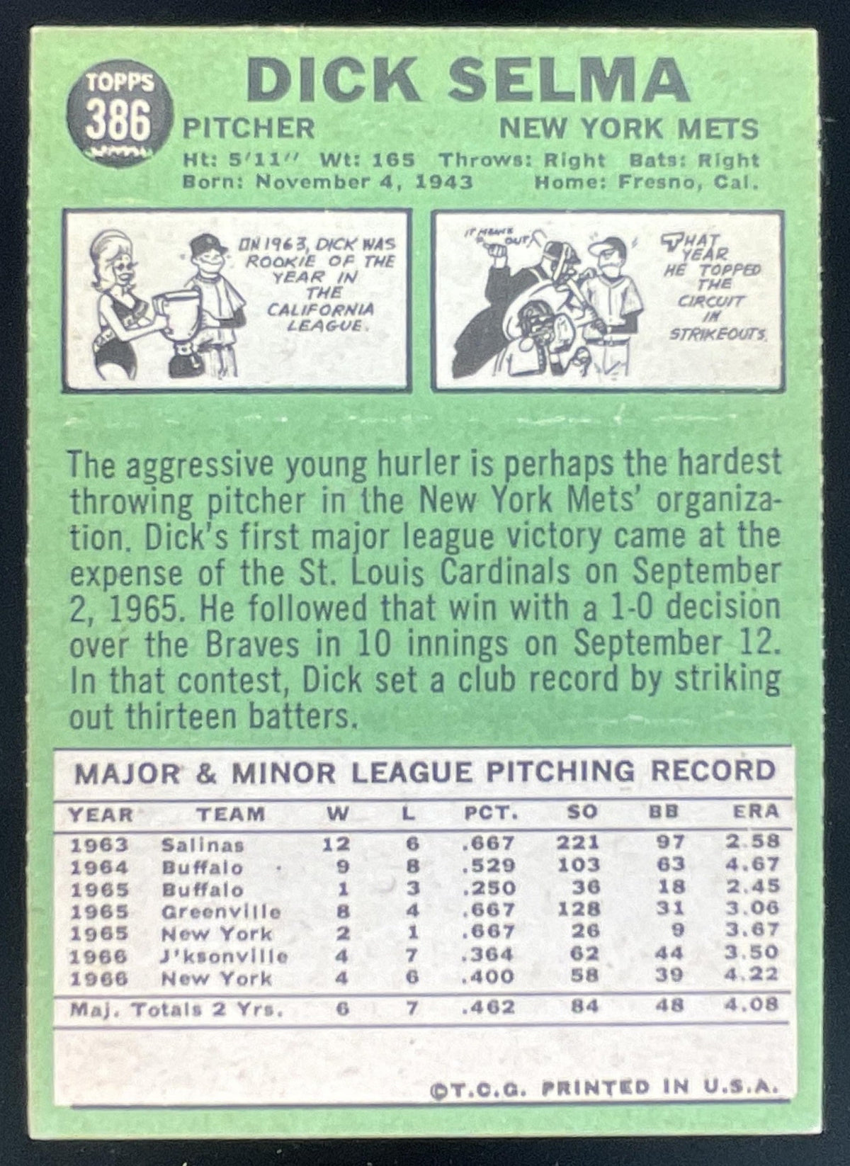 1967 Topps #386 Dick Selma product image 2, provided for visual reference and product detail review