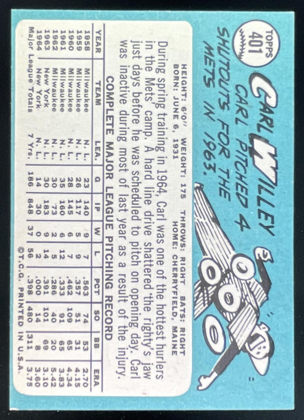 1965 Topps #401 Carl Willey product image 2, provided for visual reference and product detail review