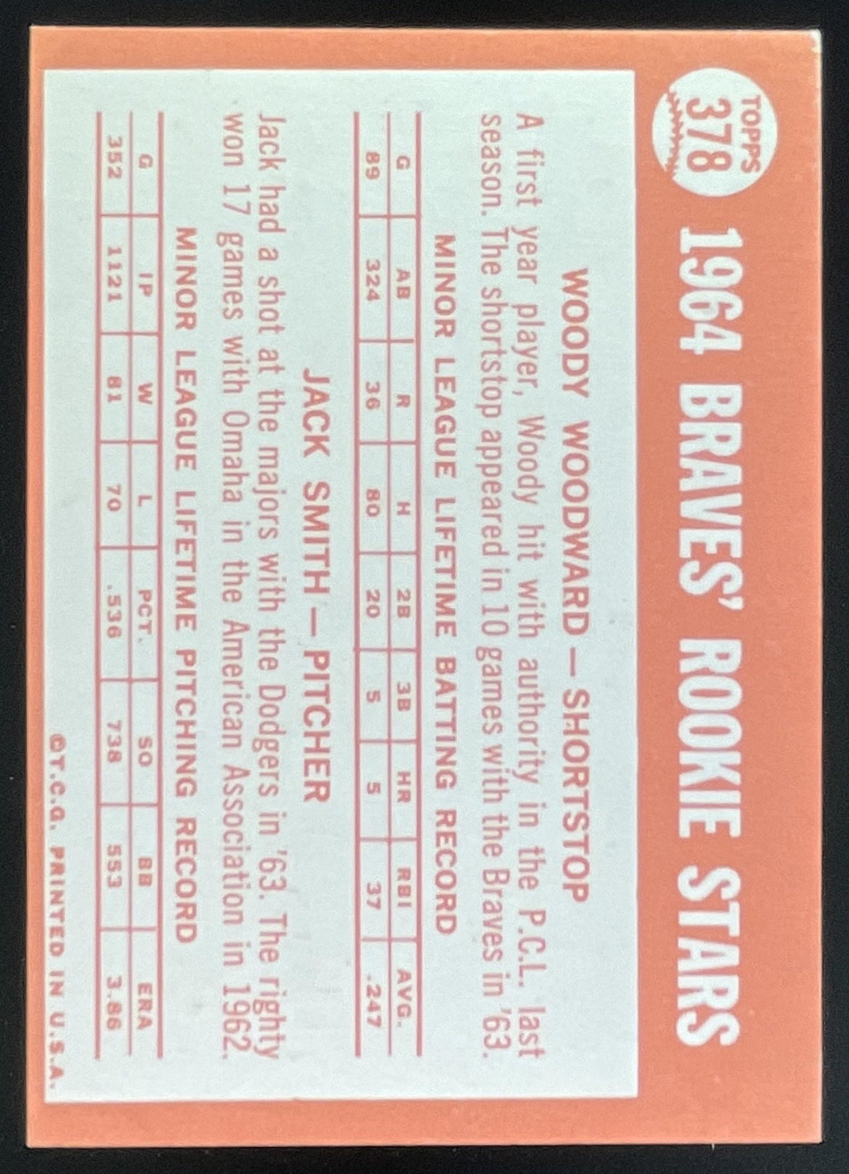1964 Topps #378 Braves 1964 Rookie Stars Woody Woodward Jack Smith RC product image 2, provided for visual reference and