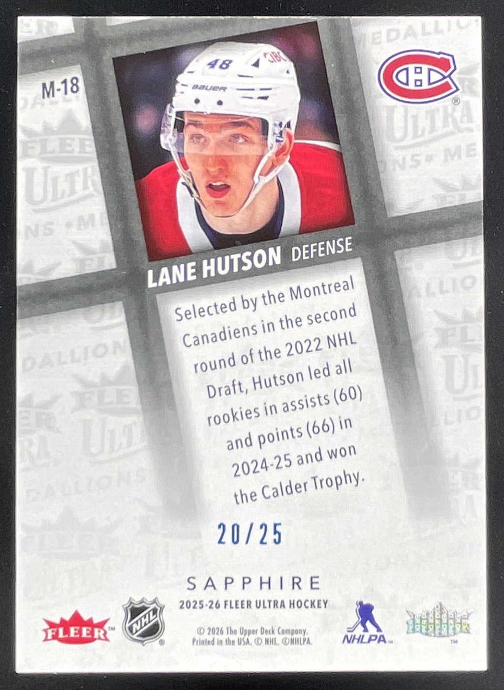2025-26 Upper Deck Fleer Ultra Medallions Sapphire Blue #M-18 Lane Hutson /25 product image 2, provided for visual reference