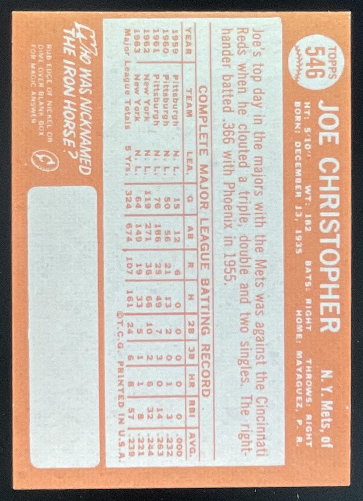 1964 Topps #546 Joe Christopher product image 2, provided for visual reference and product detail review