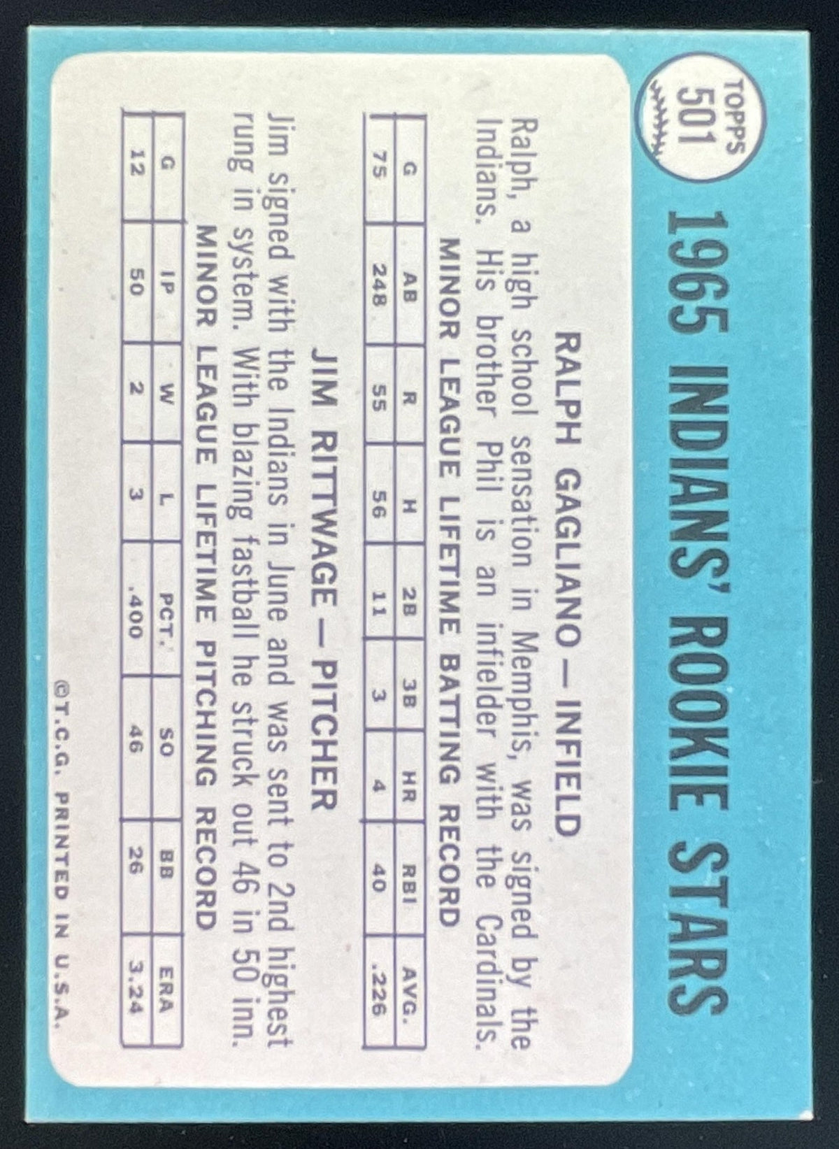 1965 Topps #501 Indians 1965 Rookie Stars Ralph Gagliano Jim Rittwage RS, RC product image 2, provided for visual reference