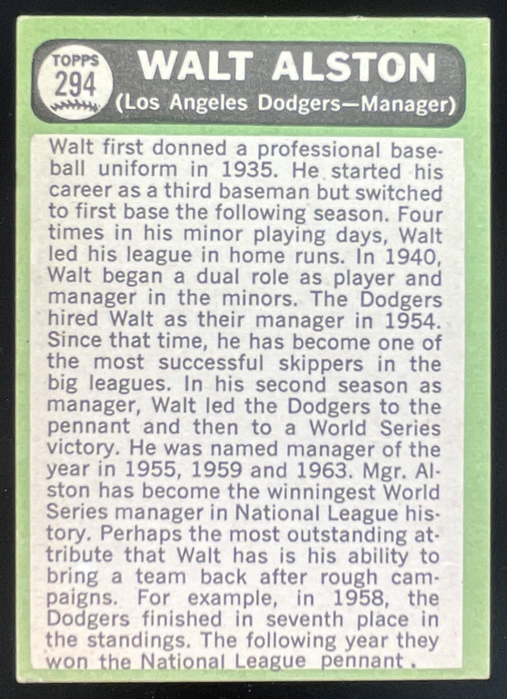 1967 Topps #294 Walt Alston product image 2, provided for visual reference and product detail review