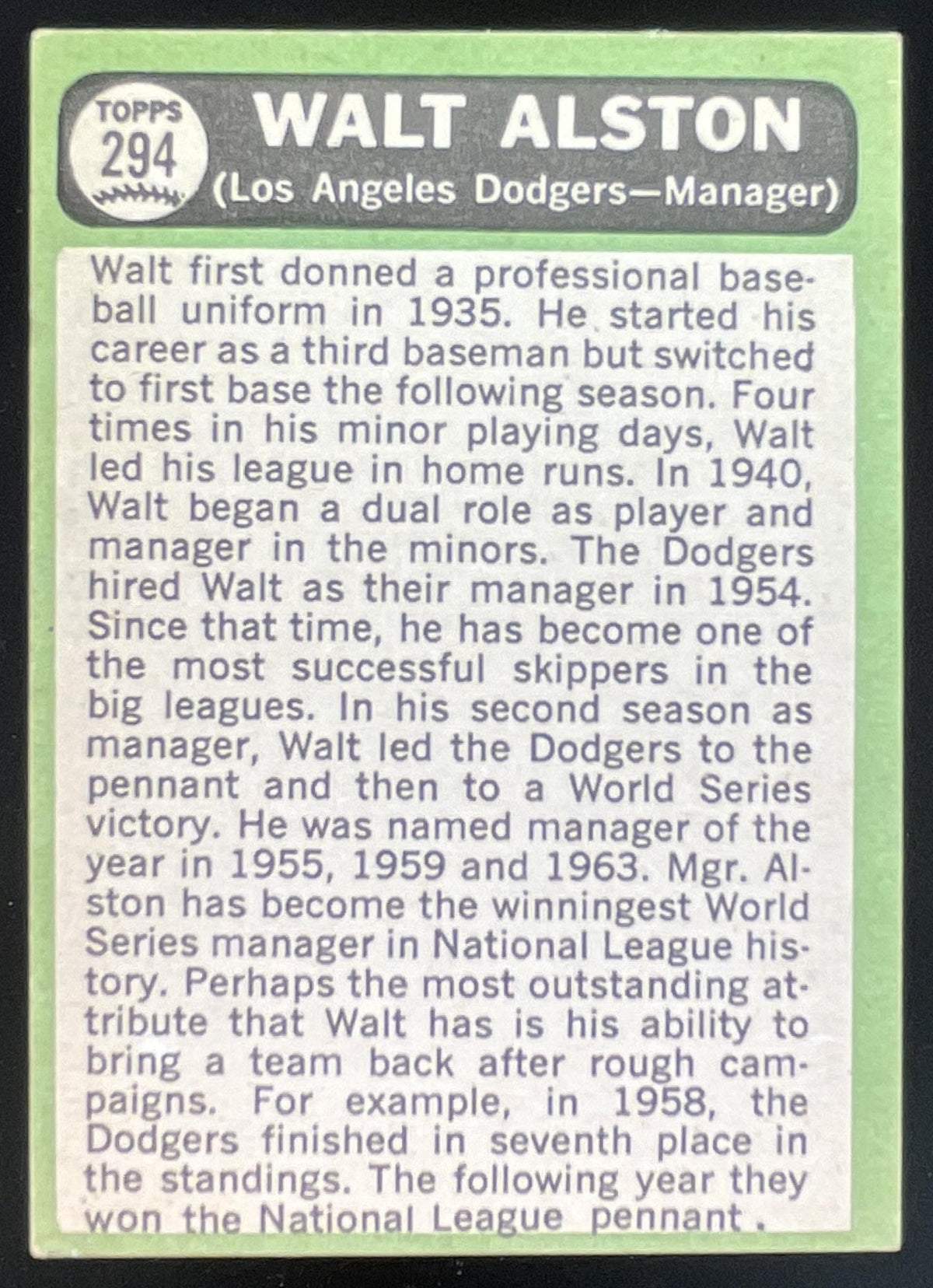 1967 Topps #294 Walt Alston product image 2, provided for visual reference and product detail review