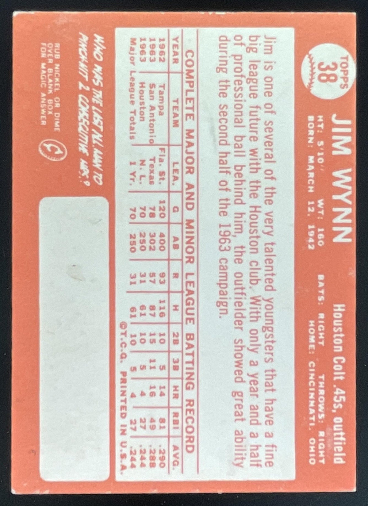 1964 Topps #38 Jim Wynn RC product image 2, provided for visual reference and product detail review