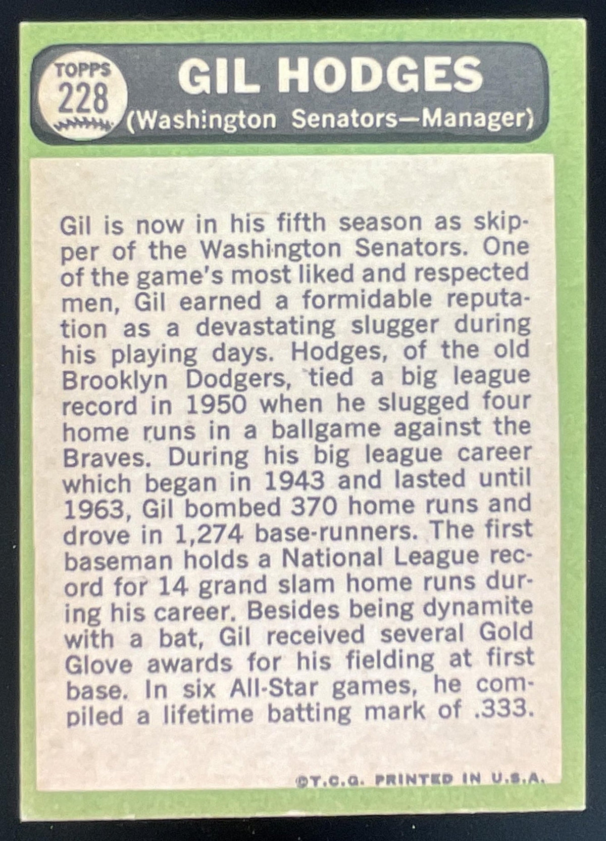 1967 Topps #228 Gil Hodges product image 2, provided for visual reference and product detail review