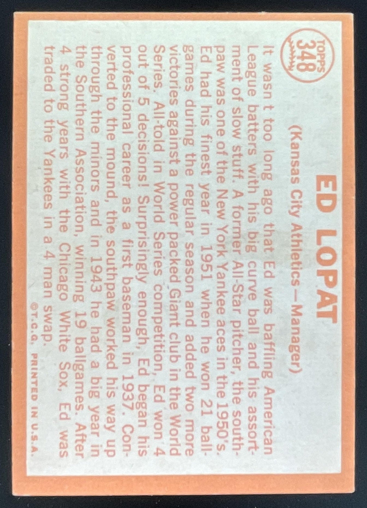 1964 Topps #348 Ed Lopat product image 2, provided for visual reference and product detail review