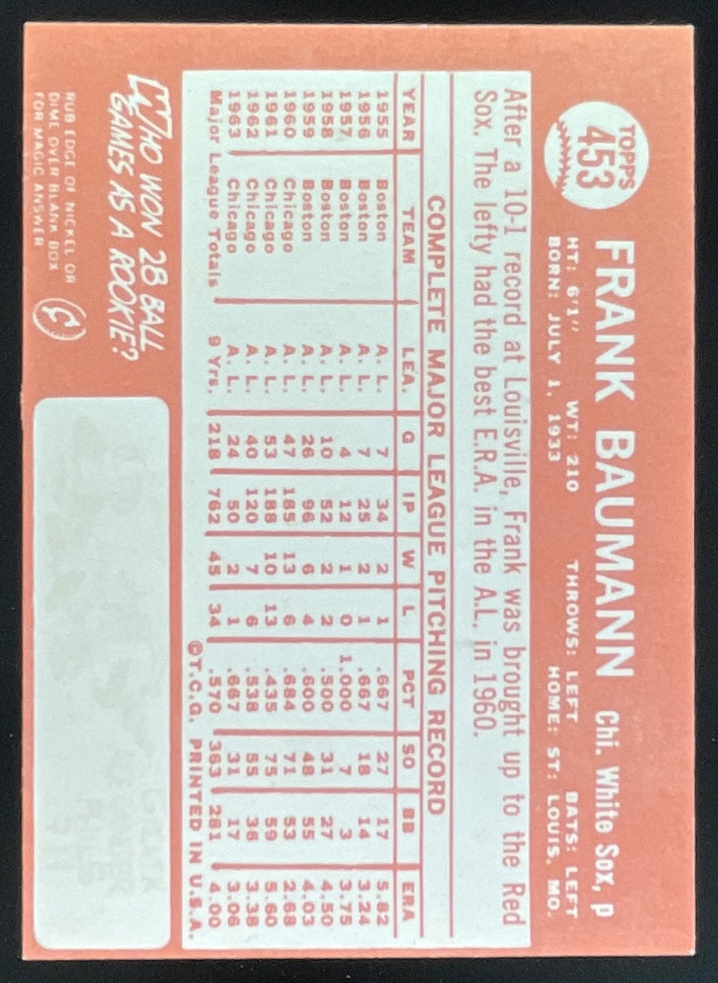 1964 Topps #453 Frank Baumann product image 2, provided for visual reference and product detail review