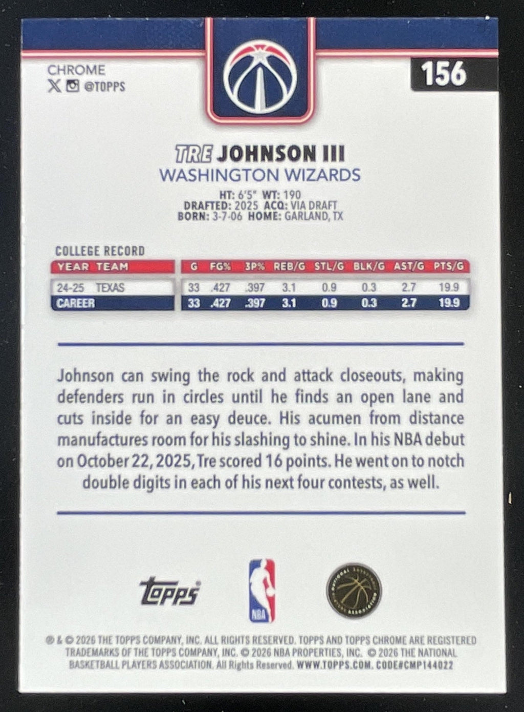 2025-26 Topps Chrome Update Blue Wave Refractor #156 Tre Johnson III RC /150 product image 2, provided for visual reference