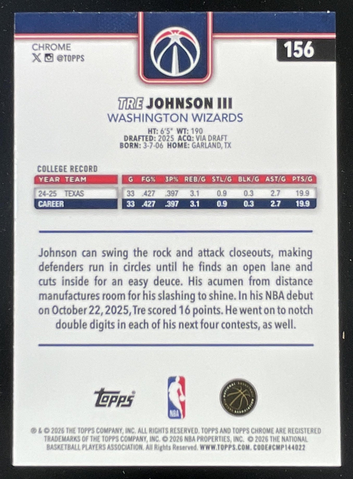 2025-26 Topps Chrome Update Blue Wave Refractor #156 Tre Johnson III RC /150 product image 2, provided for visual reference