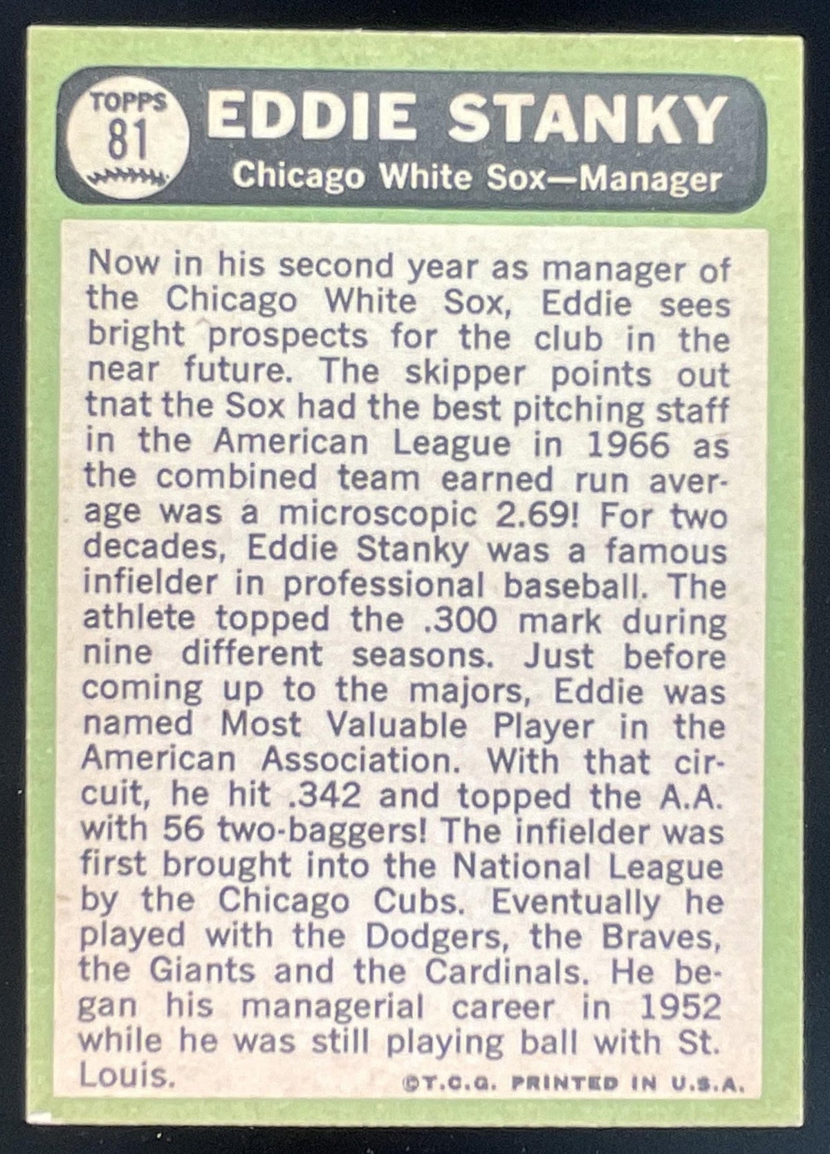 1967 Topps #81 Eddie Stanky product image 2, provided for visual reference and product detail review