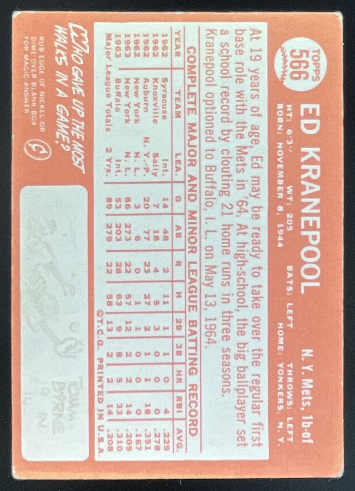 1964 Topps #566 Ed Kranepool product image 2, provided for visual reference and product detail review
