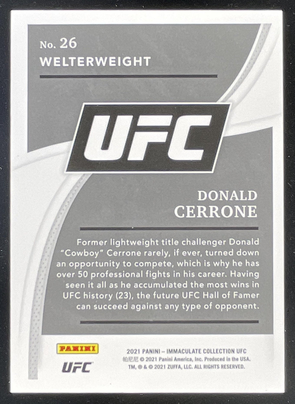 2021 Panini Immaculate Collection UFC #26 Donald Cerrone /65 product image 2, provided for visual reference and product