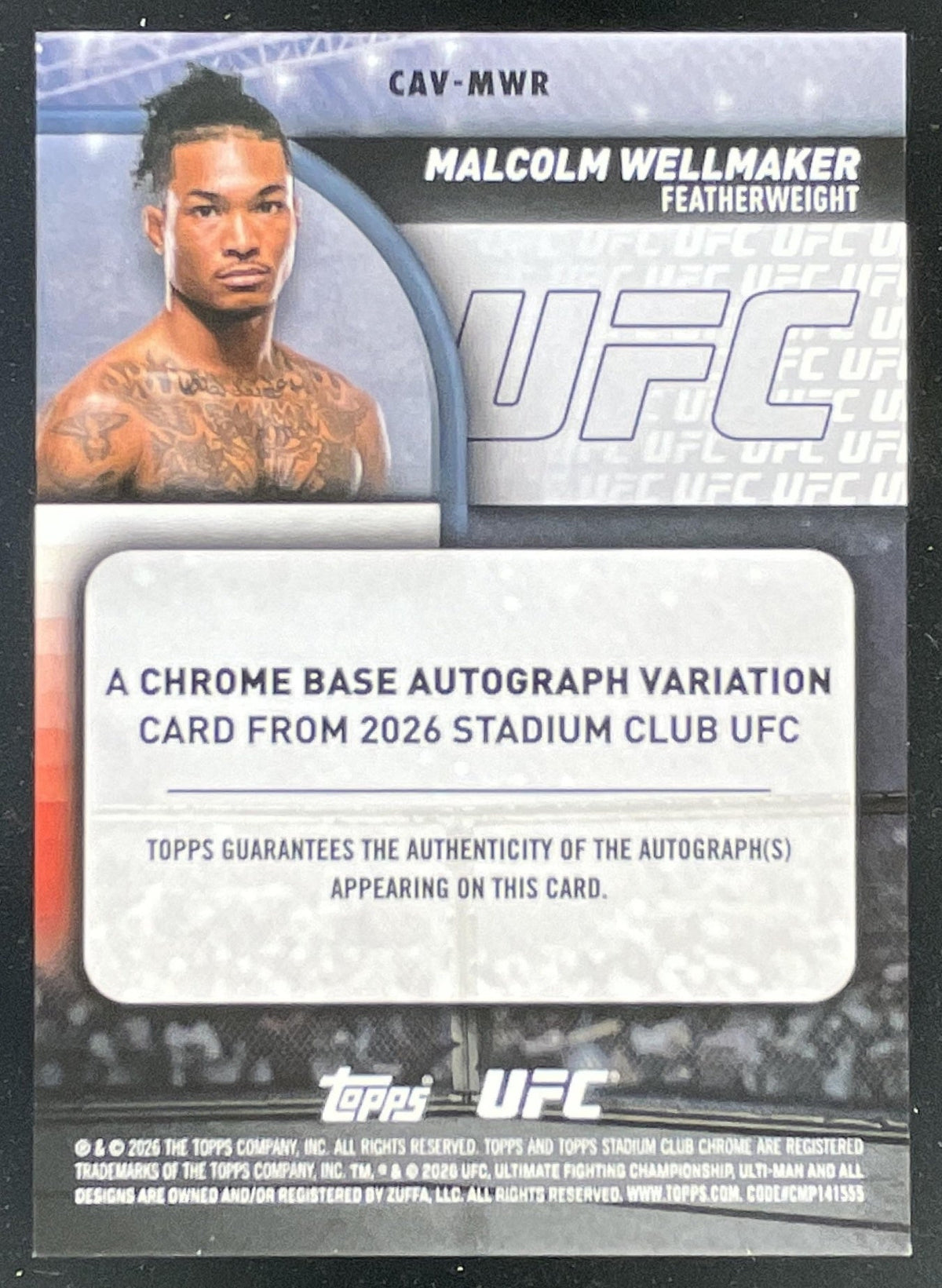 2026 Topps UFC Stadium Club Chrome Autographs #CAV-MWR Malcolm Wellmaker RC Auto product image 2, provided for visual