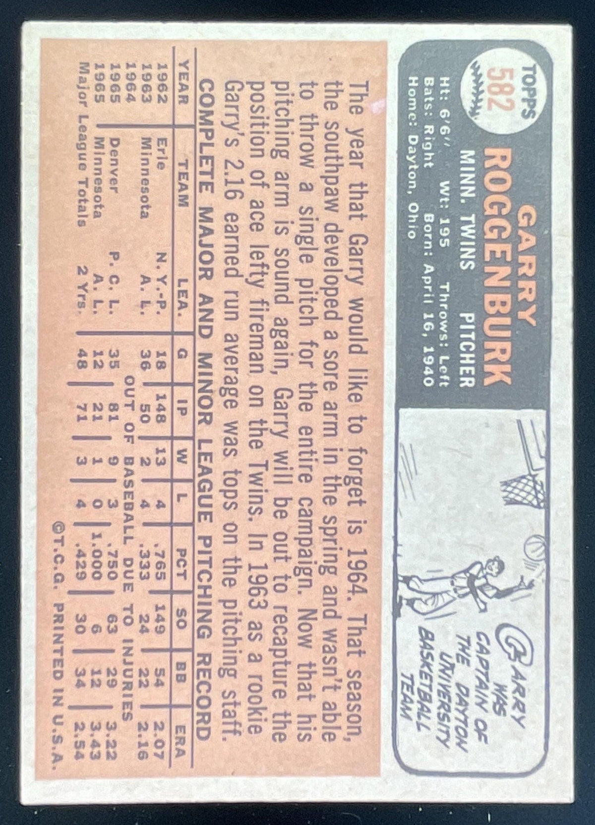 1966 Topps #582 Garry Roggenburk product image 2, provided for visual reference and product detail review
