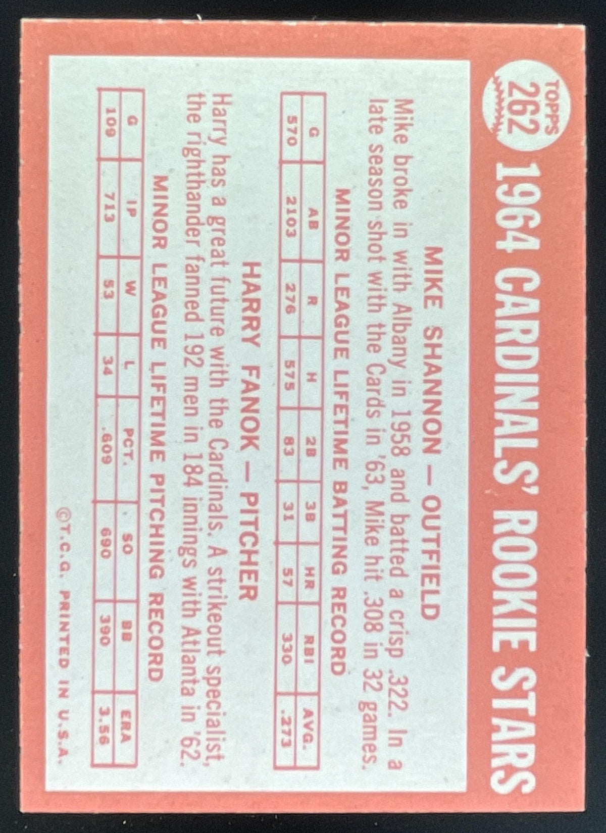 1964 Topps #262 Cardinals 1964 Rookie Stars Mike Shannon Harry Fanok RC product image 2, provided for visual reference and