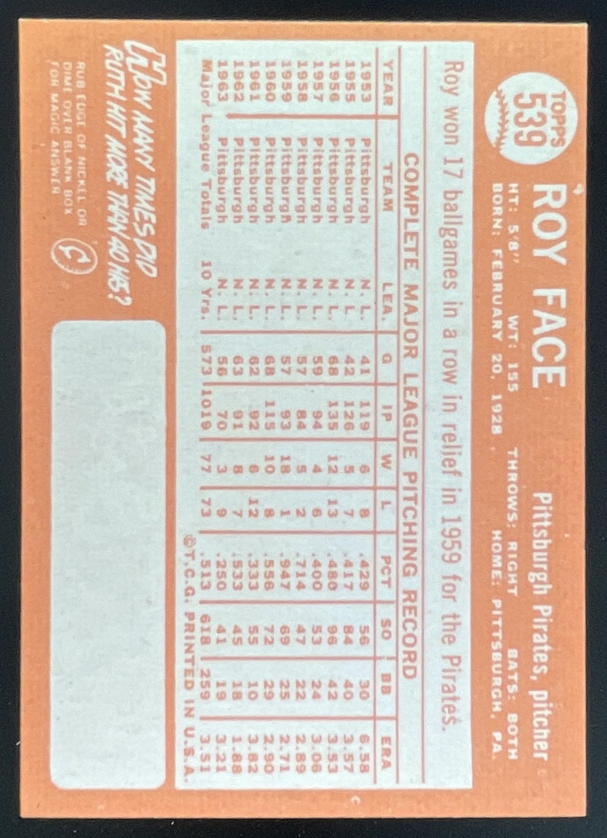 1964 Topps #539 Roy Face product image 2, provided for visual reference and product detail review