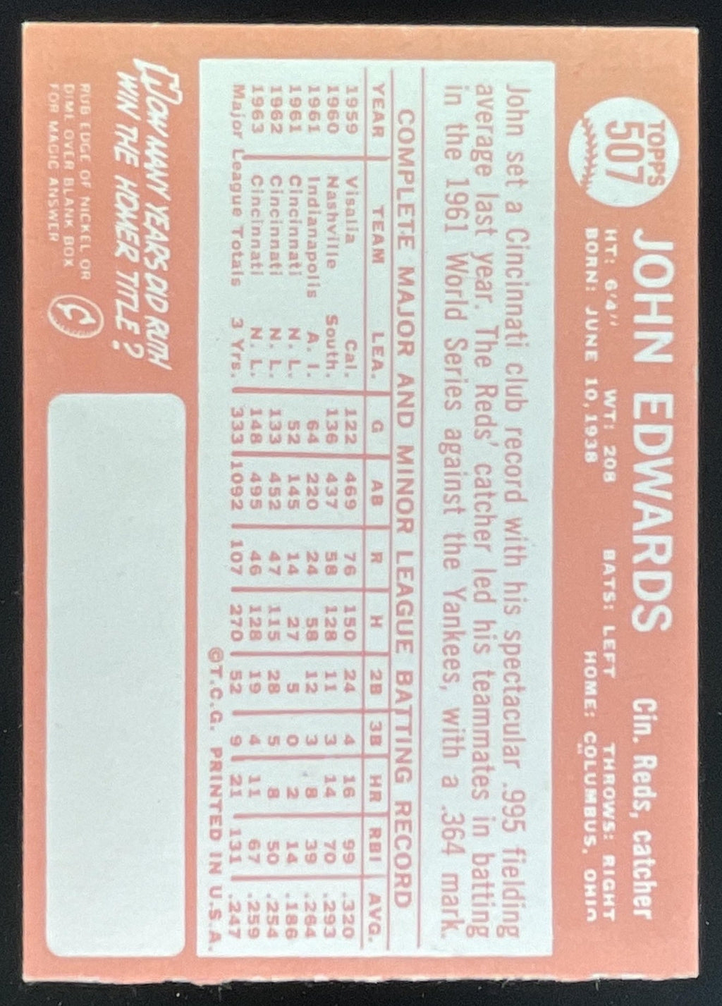 1964 Topps #507 John Edwards product image 2, provided for visual reference and product detail review