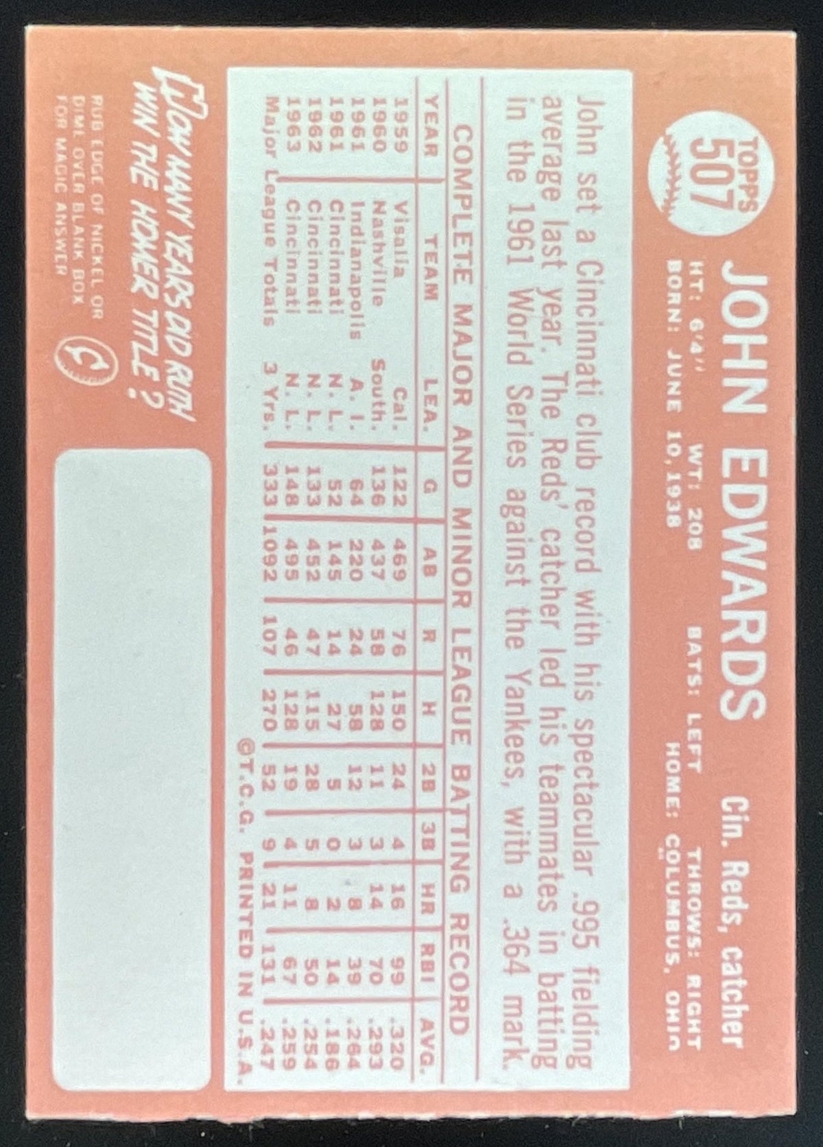 1964 Topps #507 John Edwards product image 2, provided for visual reference and product detail review
