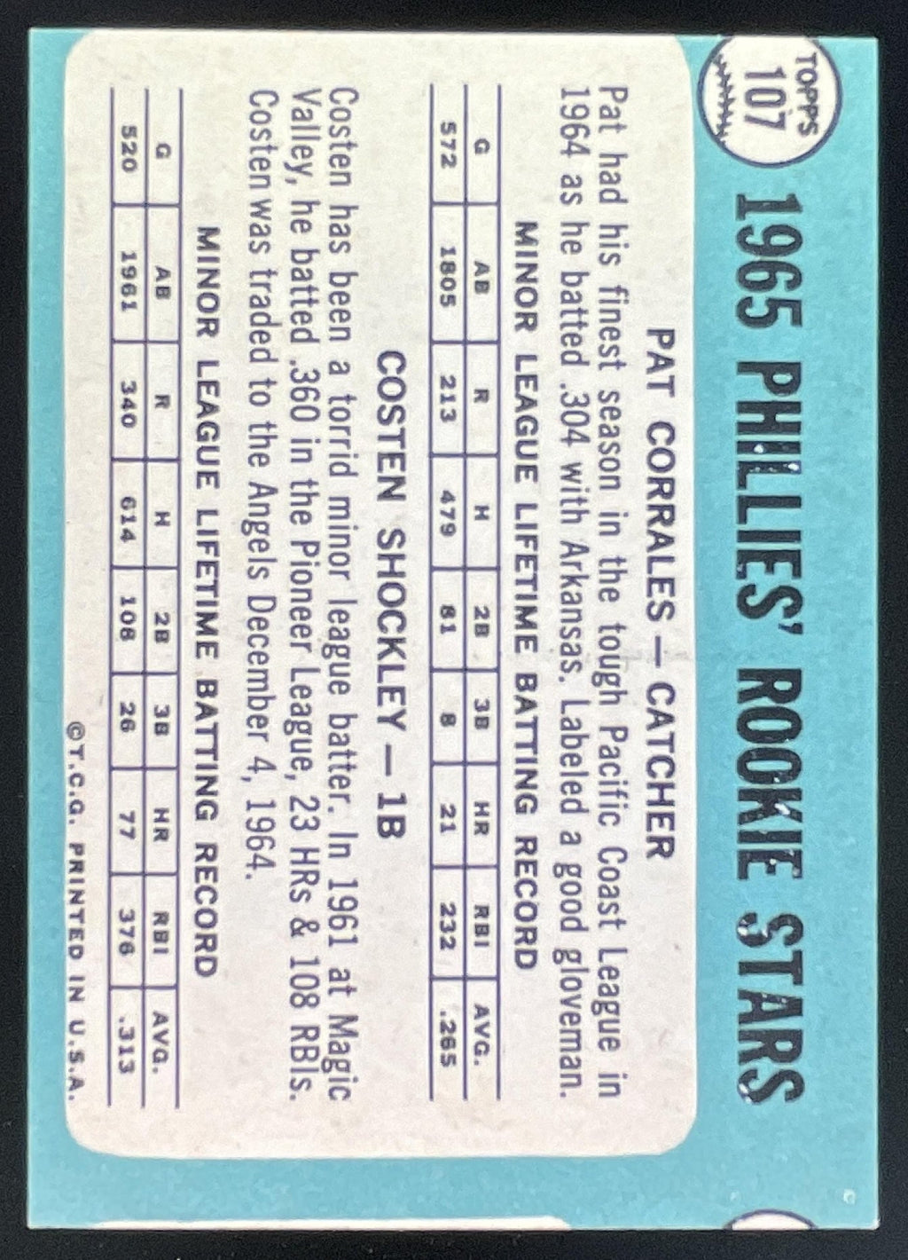 1965 Topps #107 Phillies 1965 Rookie Stars Pat Corrales Costen Shockley RS, RC product image 2, provided for visual