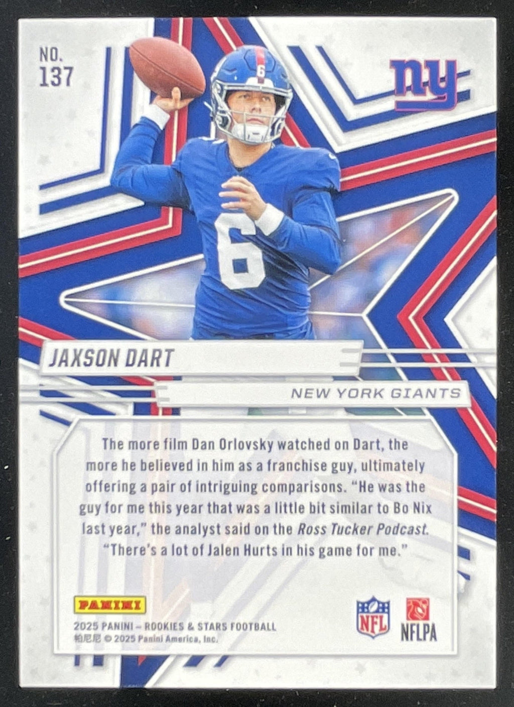 2025 Panini Rookies & Stars Rookies Preferred #137 Jaxson Dart RC product image 2, provided for visual reference and product