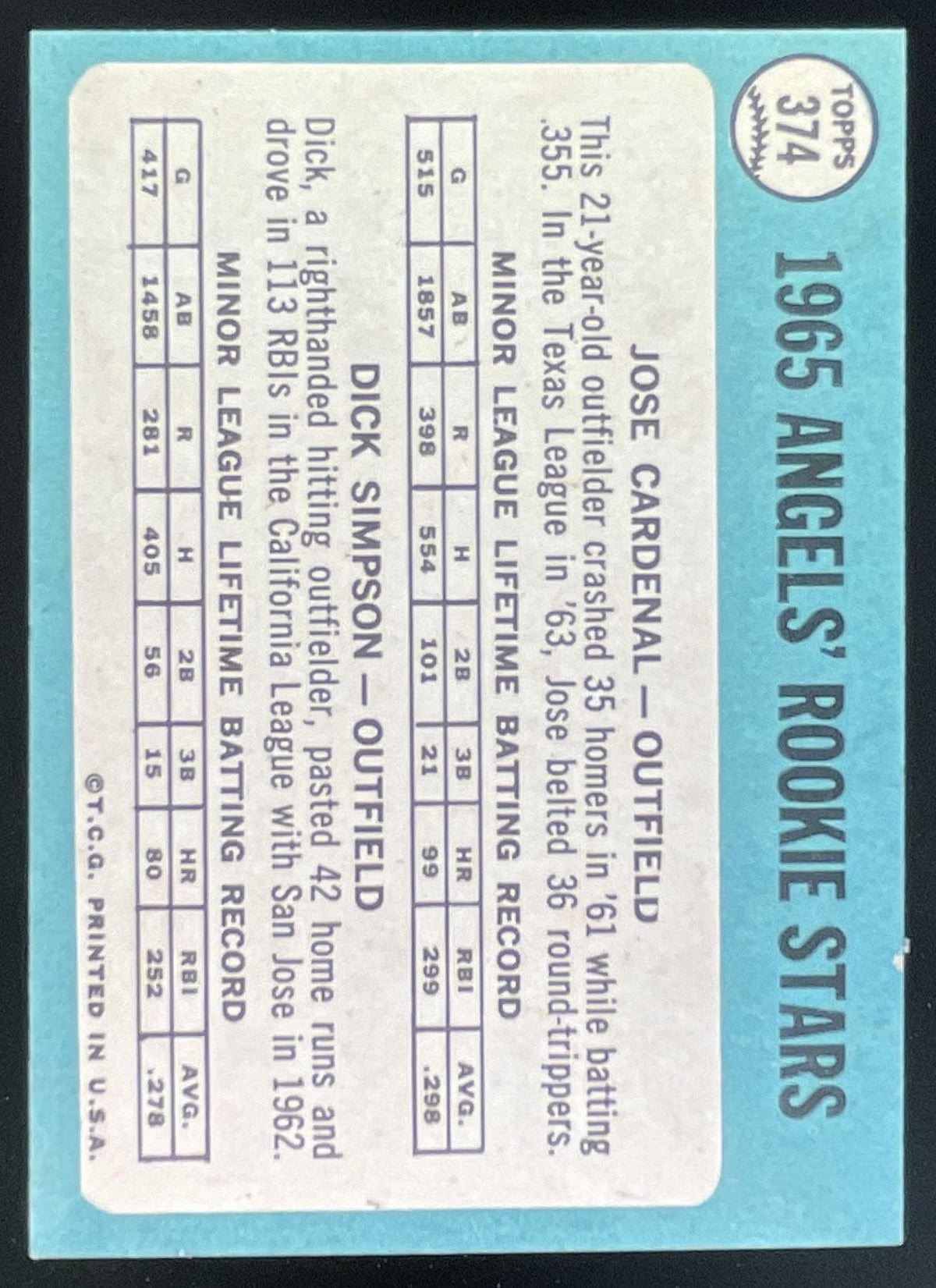 1965 Topps #374 Angels 1965 Rookie Stars Jose Cardenal Dick Simpson RS, RC product image 2, provided for visual reference