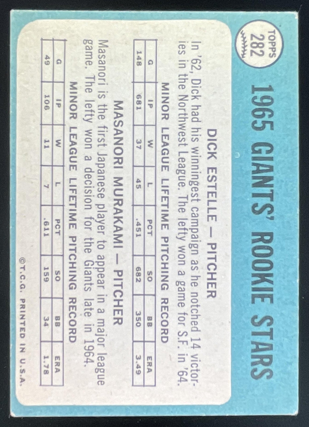 1965 Topps #282 Giants 1965 Rookie Stars Dick Estelle Masanori Murakami RS, RC product image 2, provided for visual