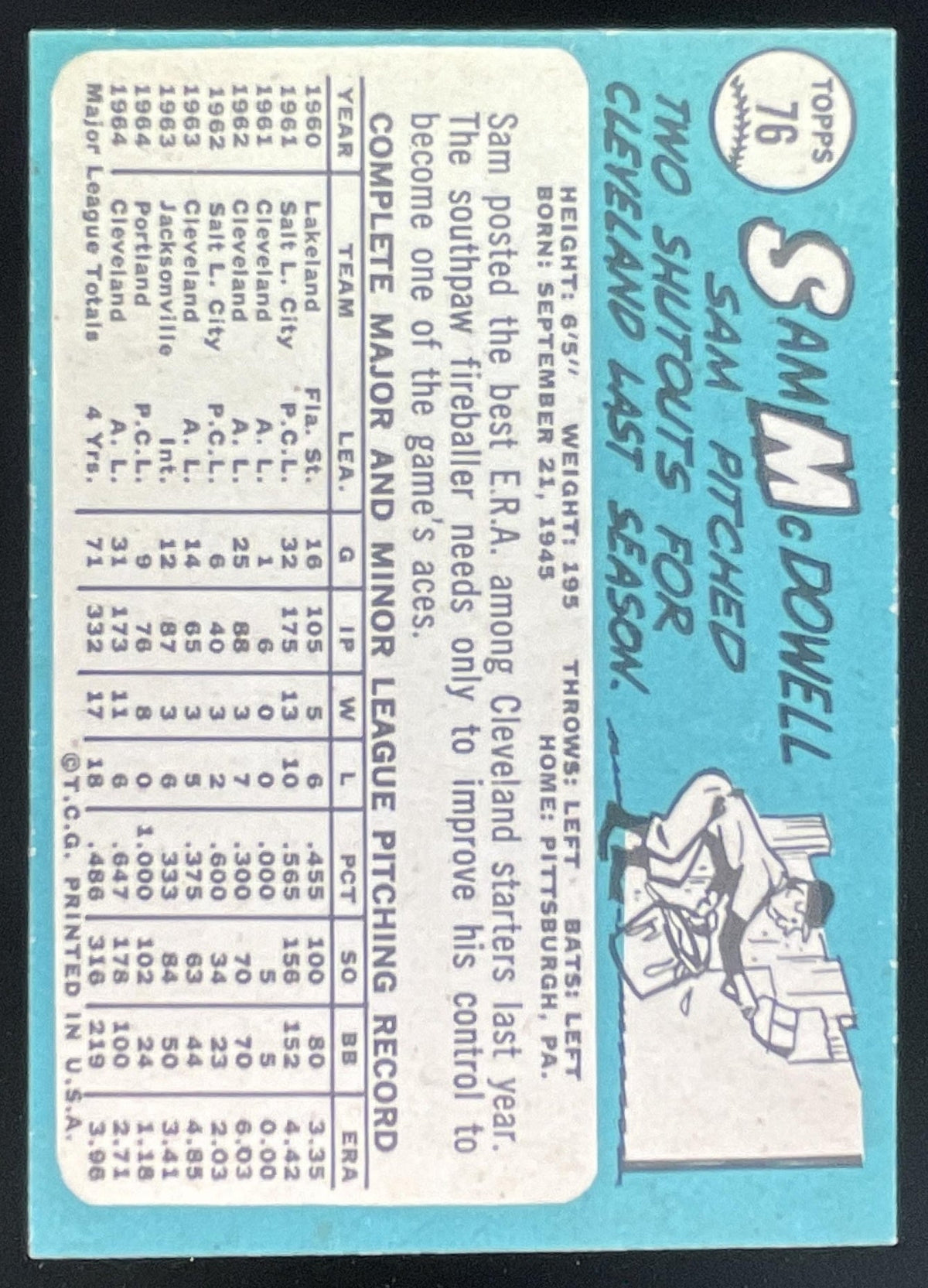1965 Topps #76 Sam McDowell product image 2, provided for visual reference and product detail review