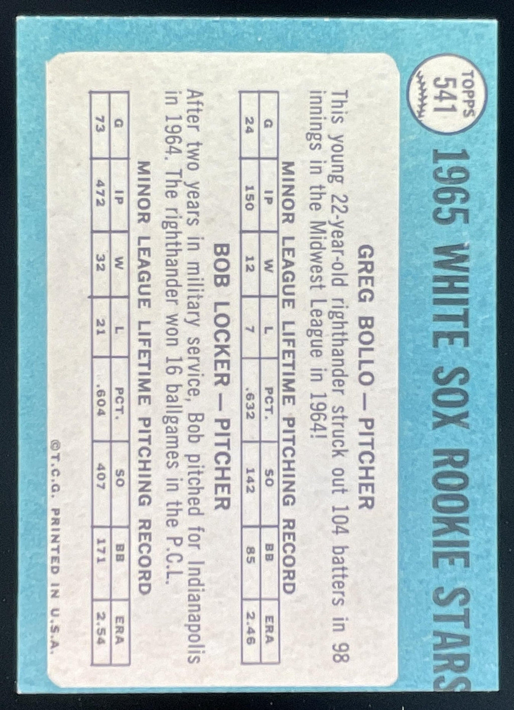 1965 Topps #541 White Sox 1965 Rookie Stars Greg Bollo Bob Locker RS, RC product image 2, provided for visual reference and
