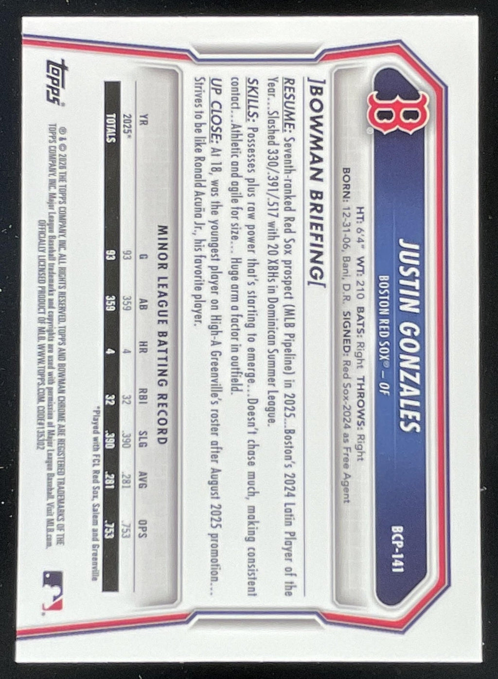 2026 Bowman Chrome Prospects X-Fractor #BCP-141 Justin Gonzales RC product image 2, provided for visual reference and