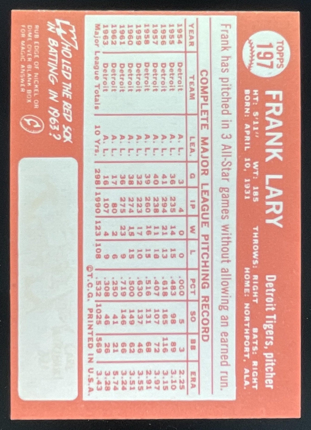 1964 Topps #197 Frank Lary product image 2, provided for visual reference and product detail review