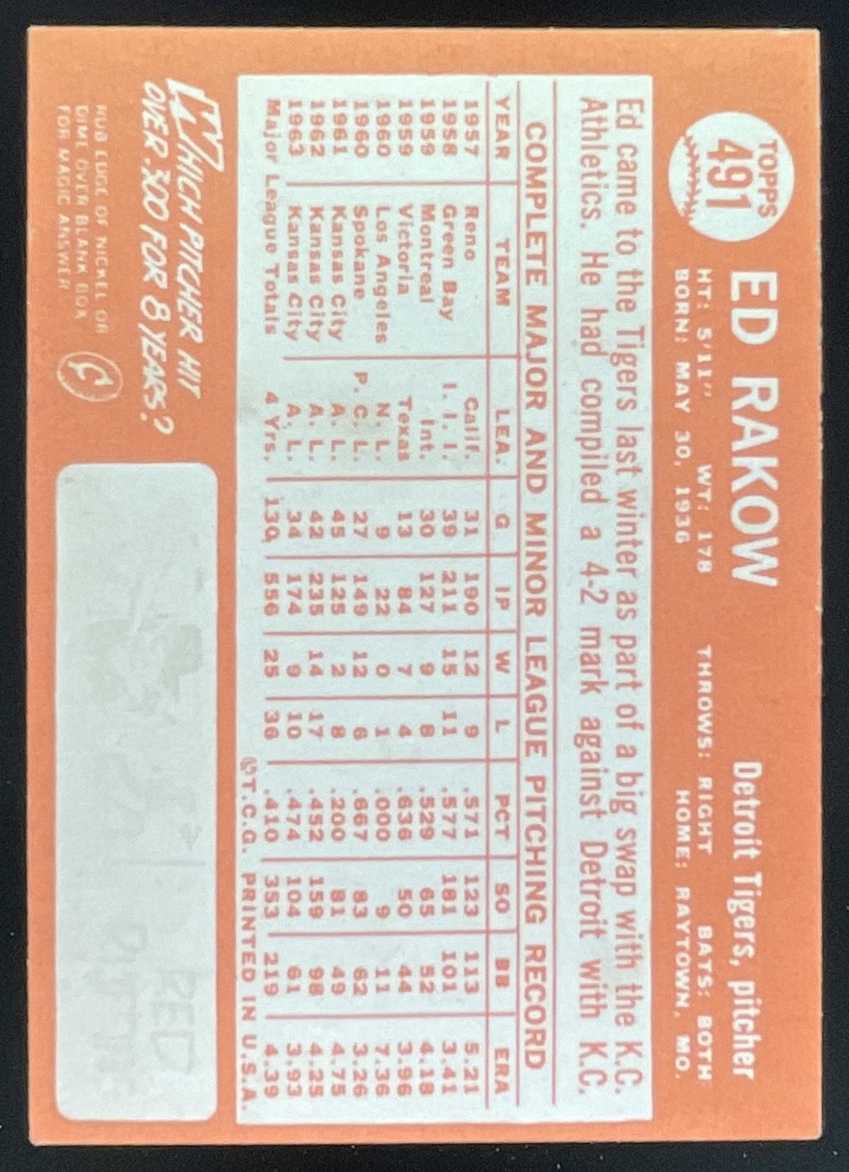 1964 Topps #491 Ed Rakow product image 2, provided for visual reference and product detail review