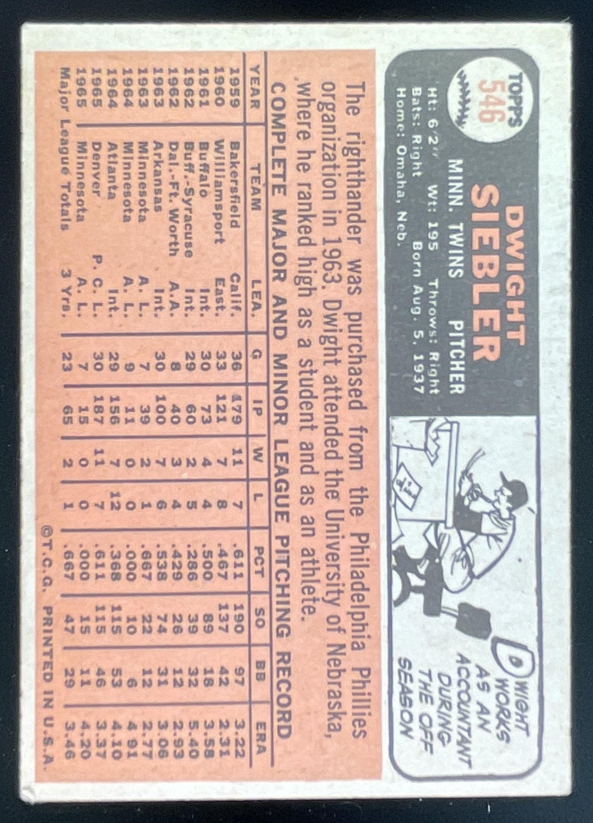 1966 Topps #546 Dwight Siebler SP product image 2, provided for visual reference and product detail review