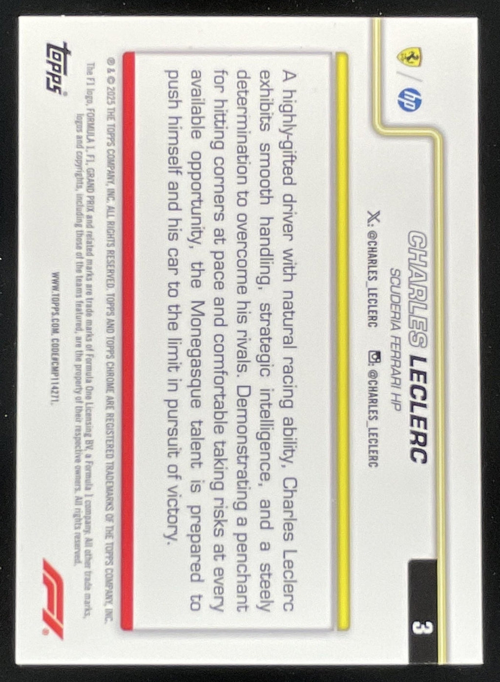2025 Topps Chrome Sapphire F1 Yellow Refractor #3 Charles Leclerc Portrait /75 product image 2, provided for visual
