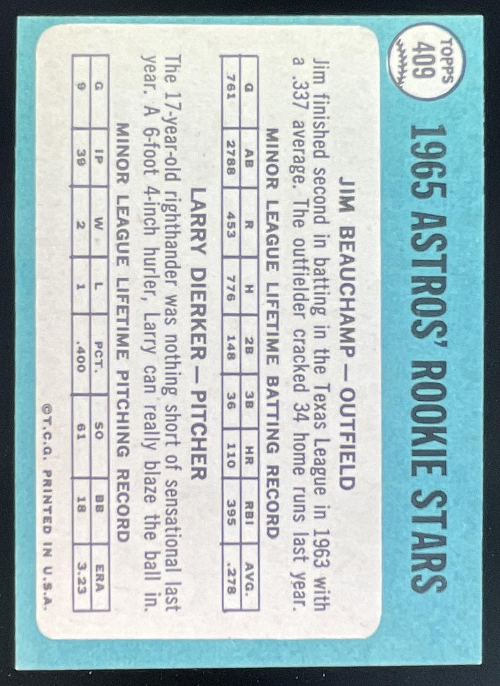 1965 Topps #409 Astros 1965 Rookie Stars Jim Beauchamp Larry Dierker RS, RC product image 2, provided for visual reference